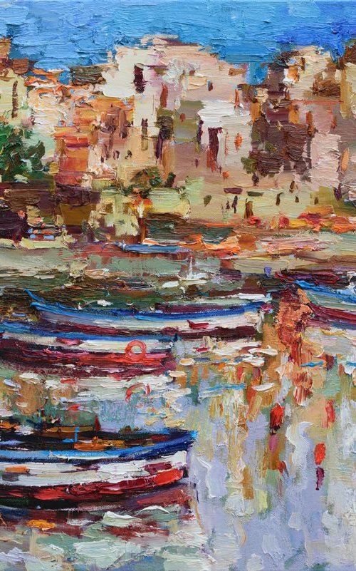 Boats in the harbor of Sicily - Italy Landscape painting by Anastasiia Valiulina