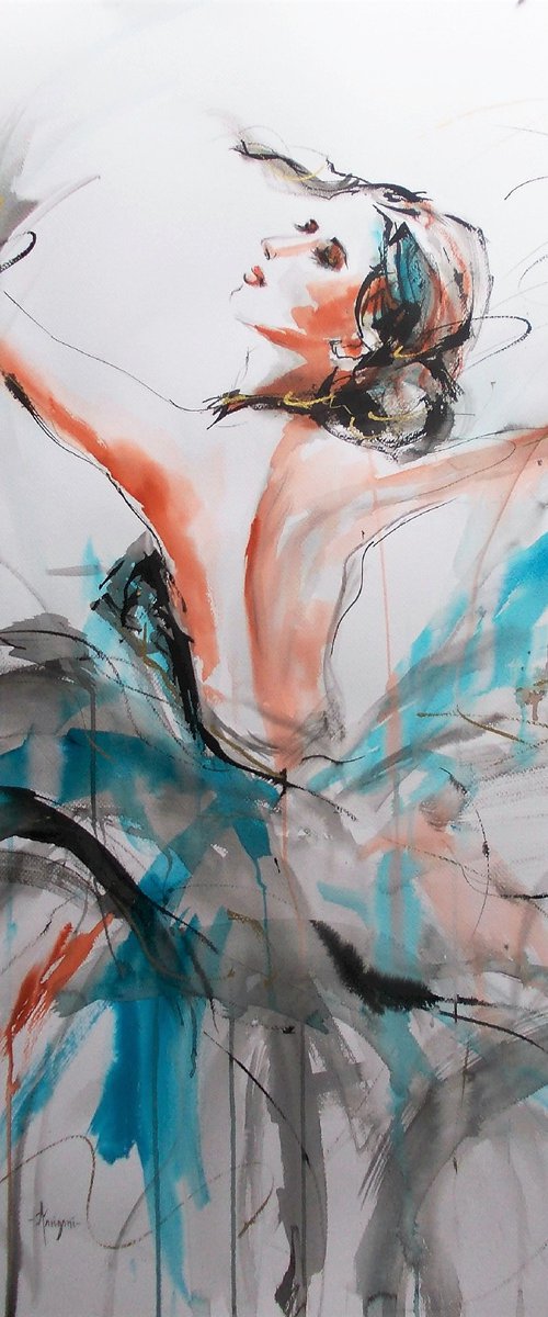 Flying Dream II -Ballerina Drawing on Paper-Large Drawing by Antigoni Tziora