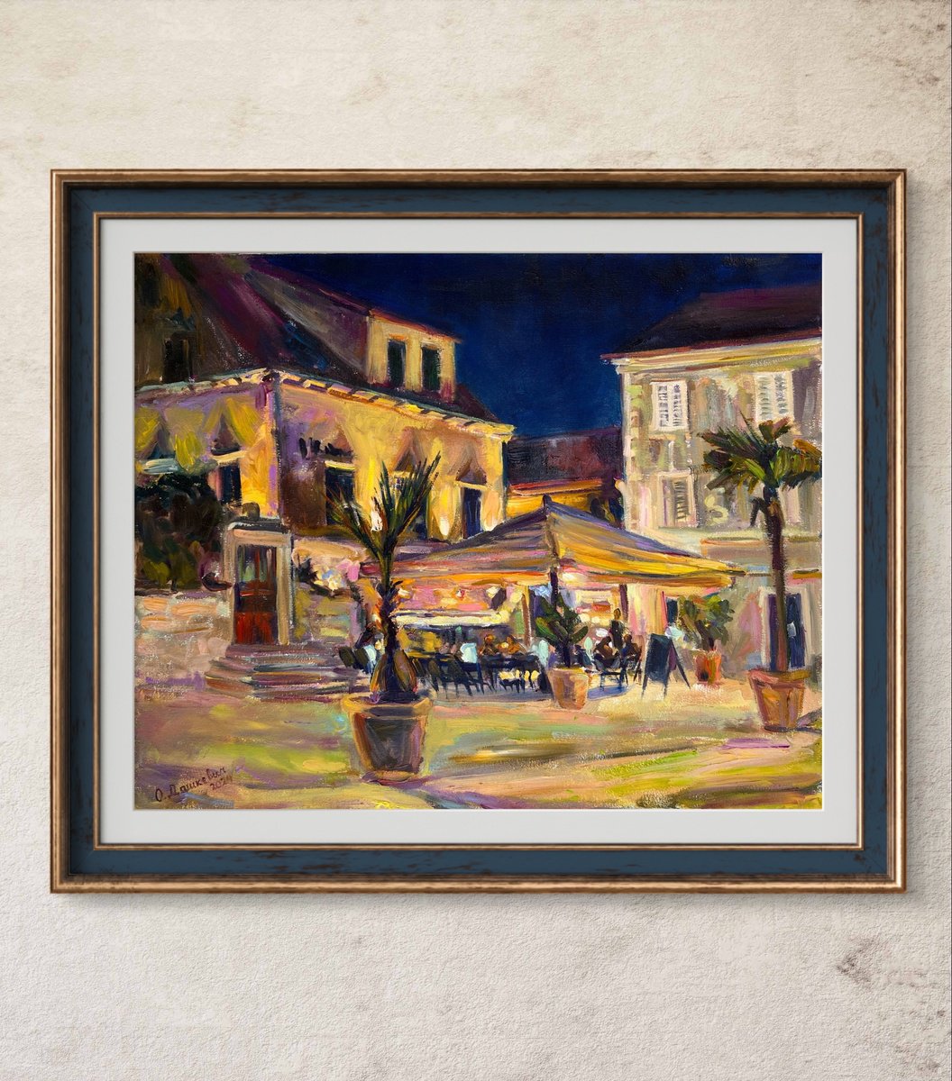 Impressionistic Cityscapes Oil Painting By Olha Dashkevych, 22 X 18", Evening Restaurant, Original Artwork