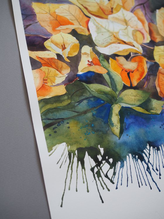 Yellow bougainvillea - expressive original watercolor flower, falling paint