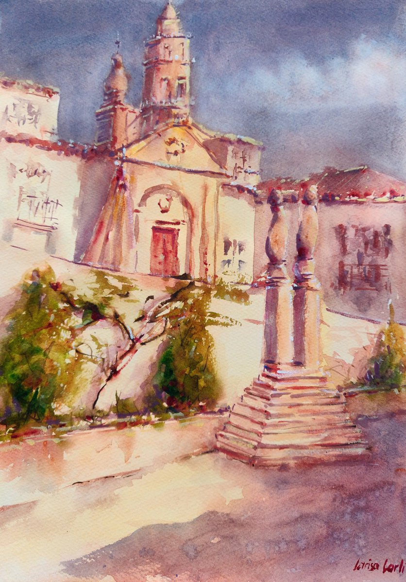 Portuguese mansion before a storm | Original watercolor painting by Larisa Carli