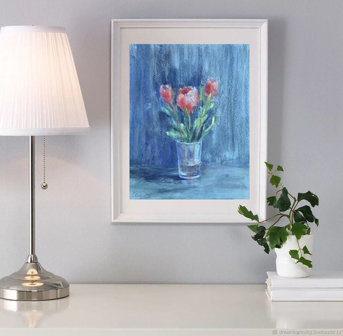 PROTEA FLOWERS - Pastel and watercolor drawing on paper, red flowers, blue, drawing for be... by Tatsiana Ilyina