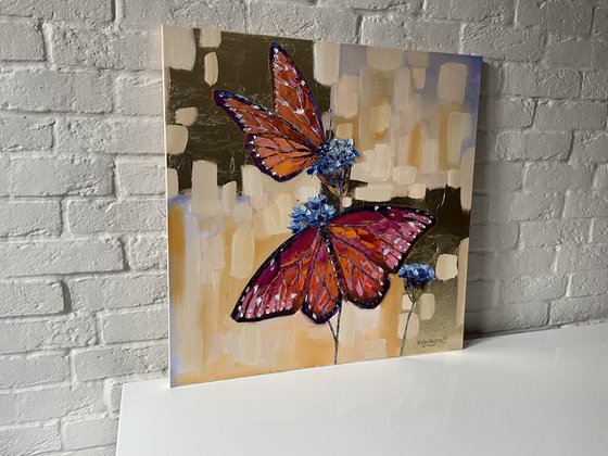 Couple of butterflies. Original oil painting. Flower