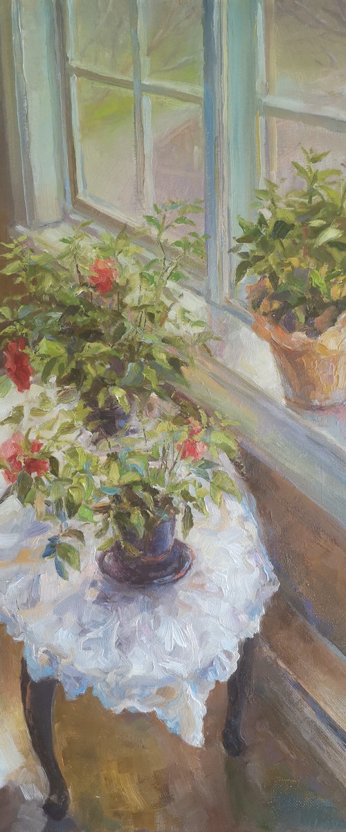 By the window", original one-of-a-kind, oil on canvas impressionistic style still life painting (18x24'') See time-lapse video attached by Alexander Koltakov