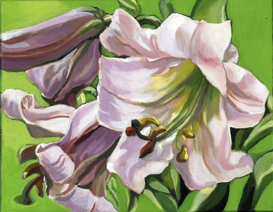 pink lily with green acrylic painting