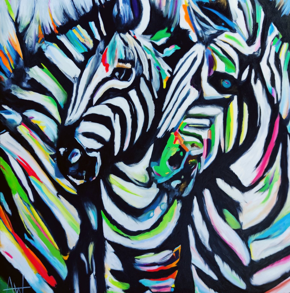 Urban And Pop Animal Oil Painting By Angie Wright, 47 X 47, Zebralicious, Original Artwork