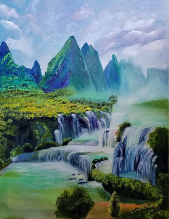 Original Oil Painting of The Waterfall, Jacob's Spring, Texas. Landscape Painting. Summer Painting.