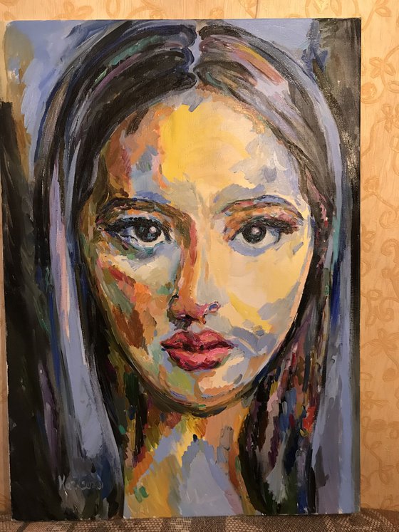 FEMALE PORTRAIT - original oil painting, love feelings sense, blue 100x70