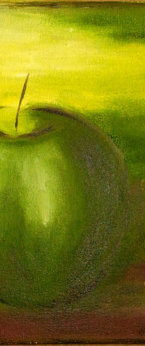 Apple Painting Fruit Original Art Green Apple Oil Canvas Artwork  Small Still Life Wall Art 8 by 8" by Halyna Kirichenko by Halyna Kirichenko