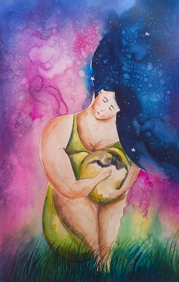 Surrealistic Portrait Watercolour By Evgenia Smirnova, 15 X 22, My Moon, Original Artwork