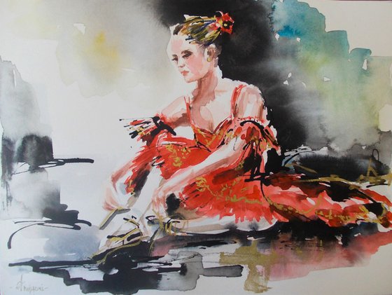 Ballerina in Red- Original ballet watercolor painting