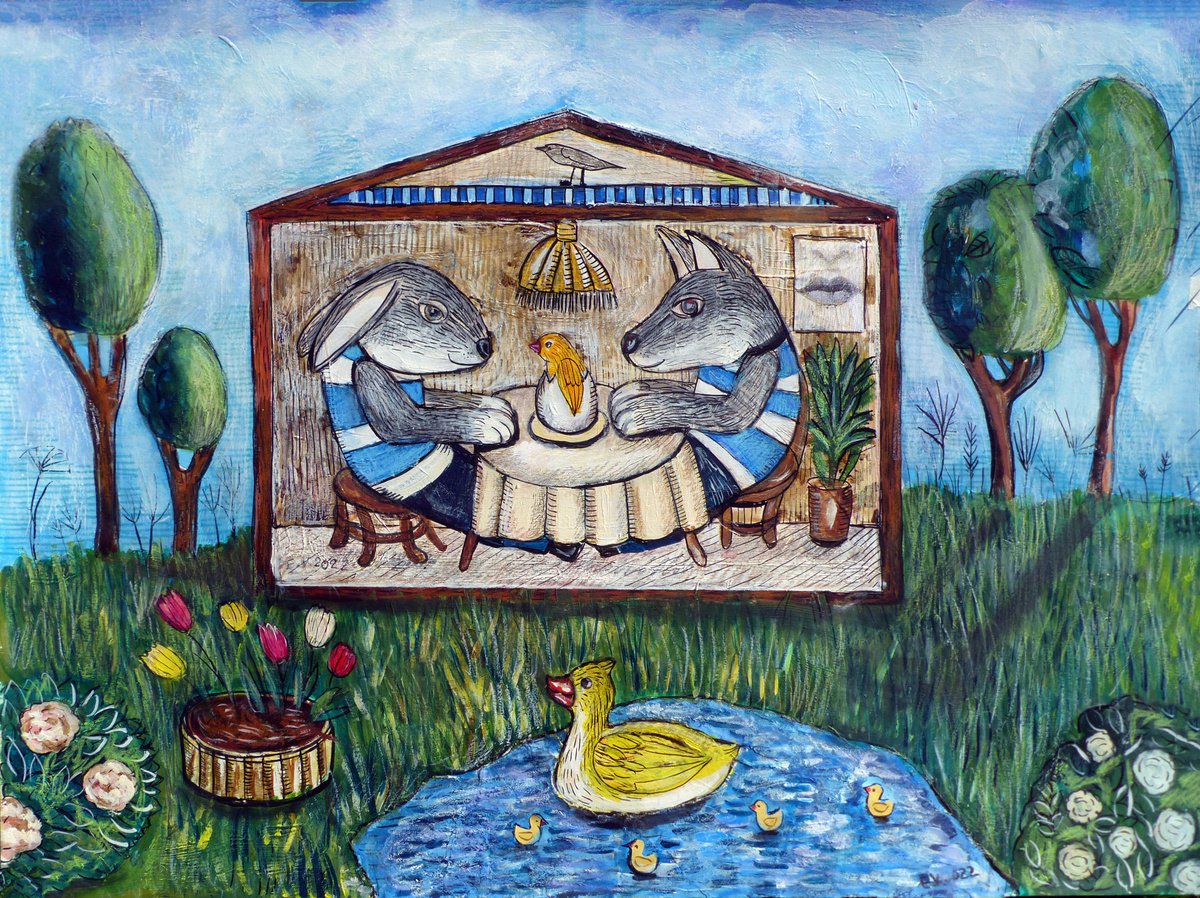 Naive Animal Painting By Elizabeth Vlasova, 24 X 18, Morning Tea #2, Original Artwork