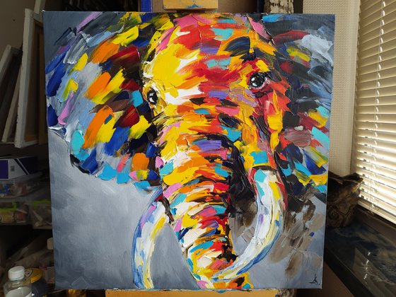 Elephant in Africa - painting on canvas, elephant, animals oil painting, Impressionism, palette knife, gift.