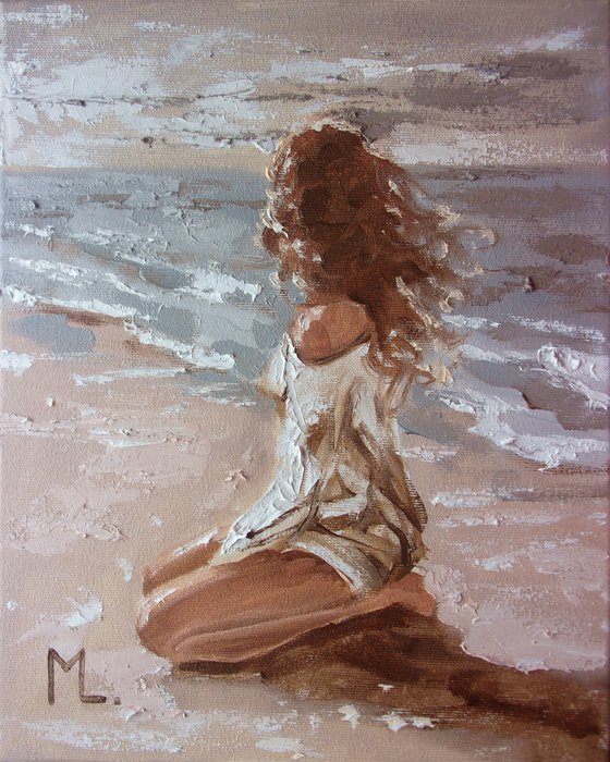 " ON THE SAND ... " SUN SKY SEA SAND liGHt  ORIGINAL OIL PAINTING, GIFT, PALETTE KNIFE