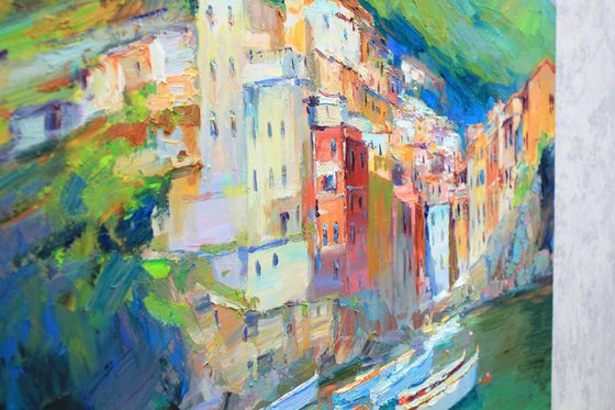 Riomaggiore, Italy seascape oil painting- impasto painting - Italian bay area art work