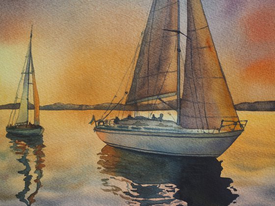 Sail on sunset - original watercolor artwork from ukranian artist