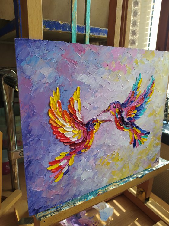 In pink dreams - birds, hummingbirds oil painting, love oil painting, birds oil painting, hummingbirds, love, animals oil painting, art bird, impressionism, palette knife, gift idea.