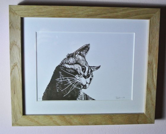 Cat Linocut, Print on Paper, Mounted