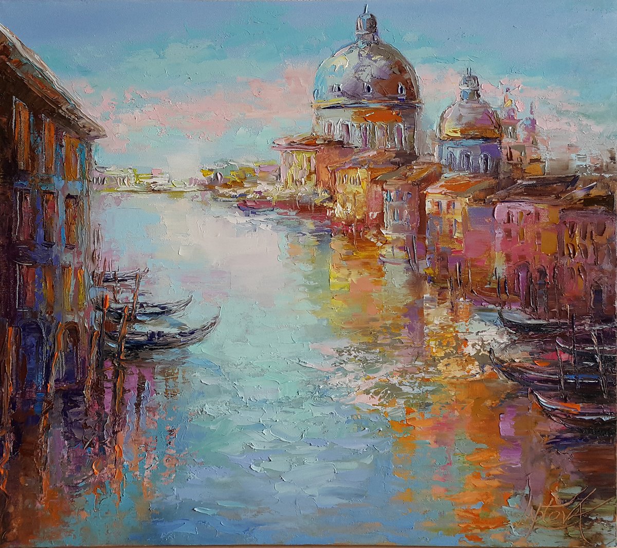 Impressionistic Cityscapes Oil Painting By Viktoria Lapteva, 31 X 28", Venice Canal Grande, Original Artwork