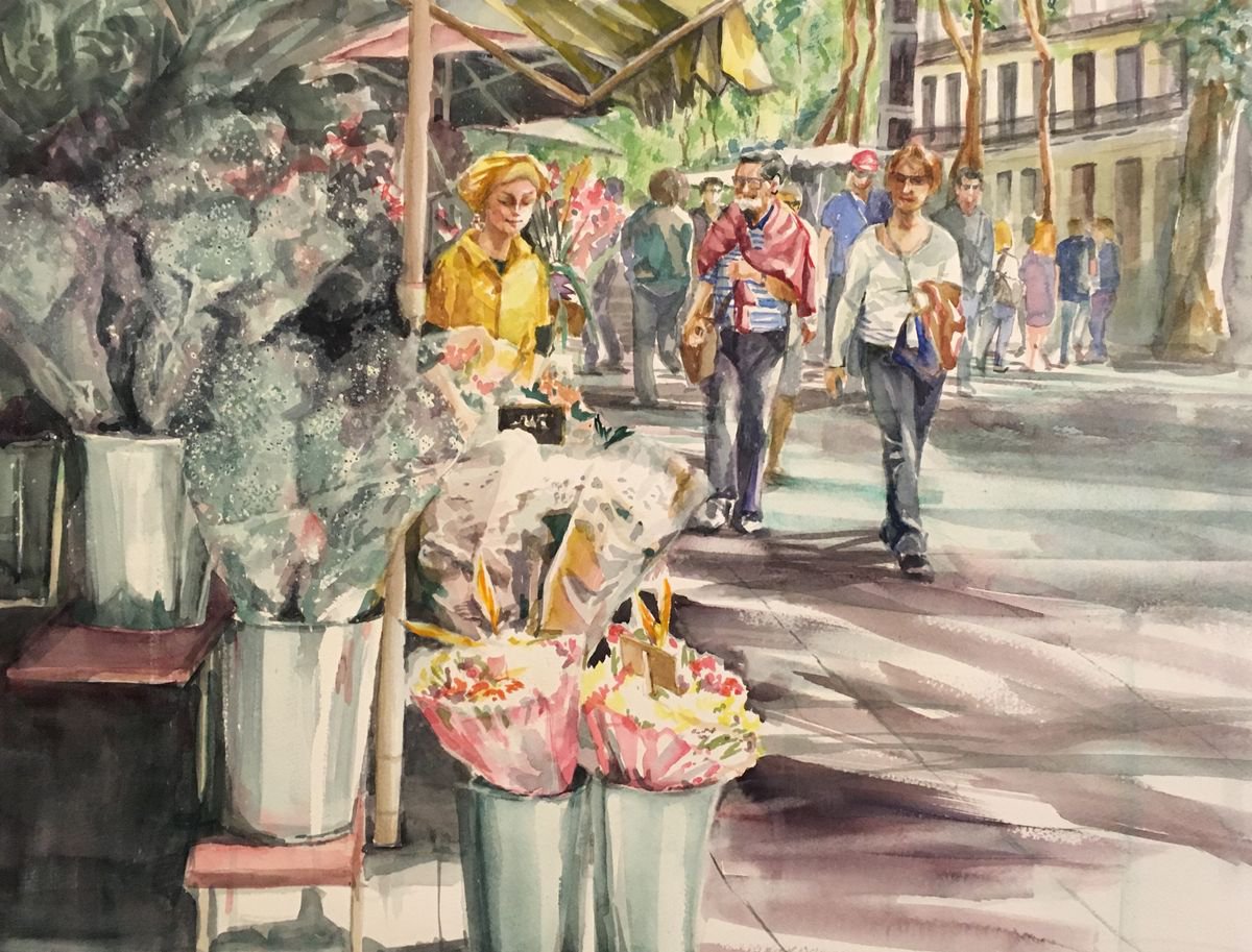Impressionistic Watercolour , Florist In Barcelona By Yoshiko Murdick, 24 X 18, Artwork For Sale On Artfinder