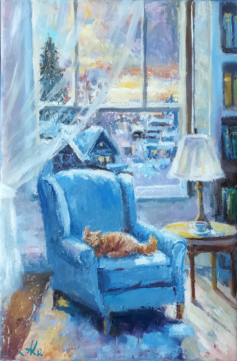 Ginger Cat And Armchair By Ann Krasikova, 8 X 12, Artwork For Sale On Artfinder