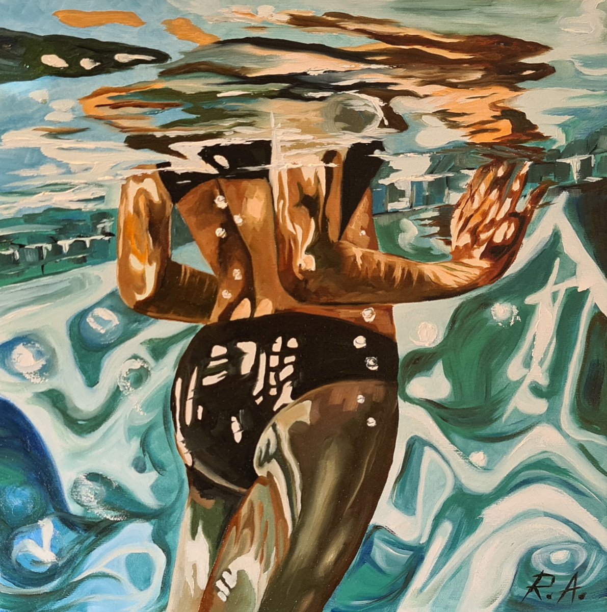 Underwater - woman in the pool; oil painting 40*40 cm by Anna Reznik