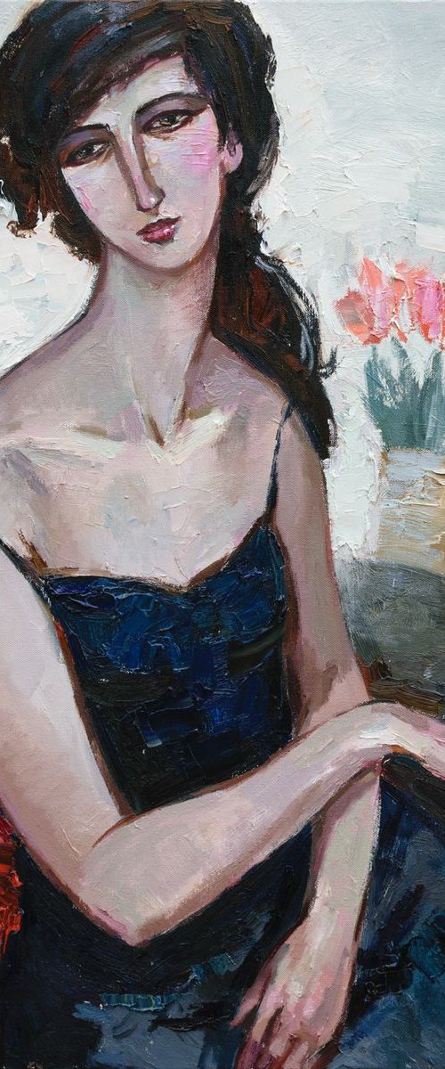 Pink Tulips - Woman portrait inspired by Modigliani by Anastasiia Valiulina