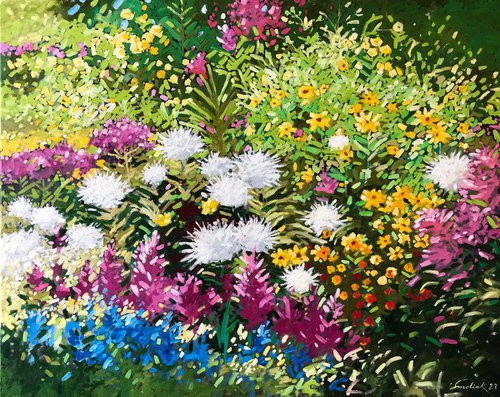 Abstract colourful flowers in garden by Volodymyr Smoliak
