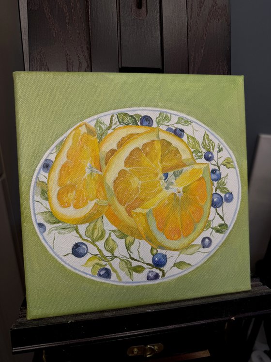 “Orange rhythm on a blue surface”