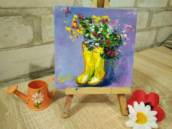 Yellow Rubber Boots With Flowers miniature painting