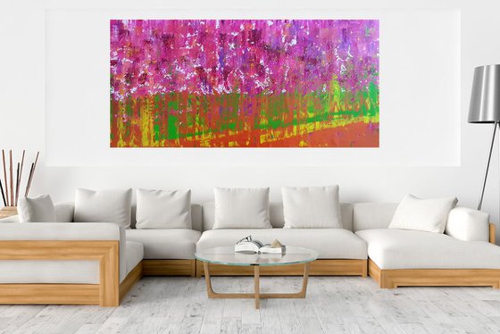 Walking by the blooming orchard - XXL colorful palette knife painting