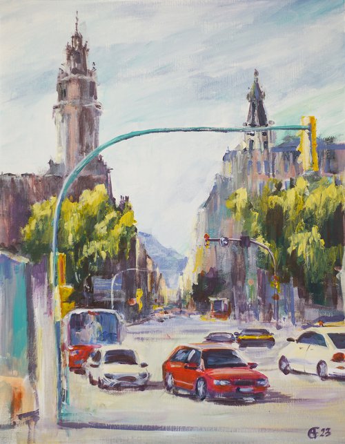 Trafic in Barcelona. Original acrylic painting from Spain, medium size, shadow and light in the city by Sasha Romm