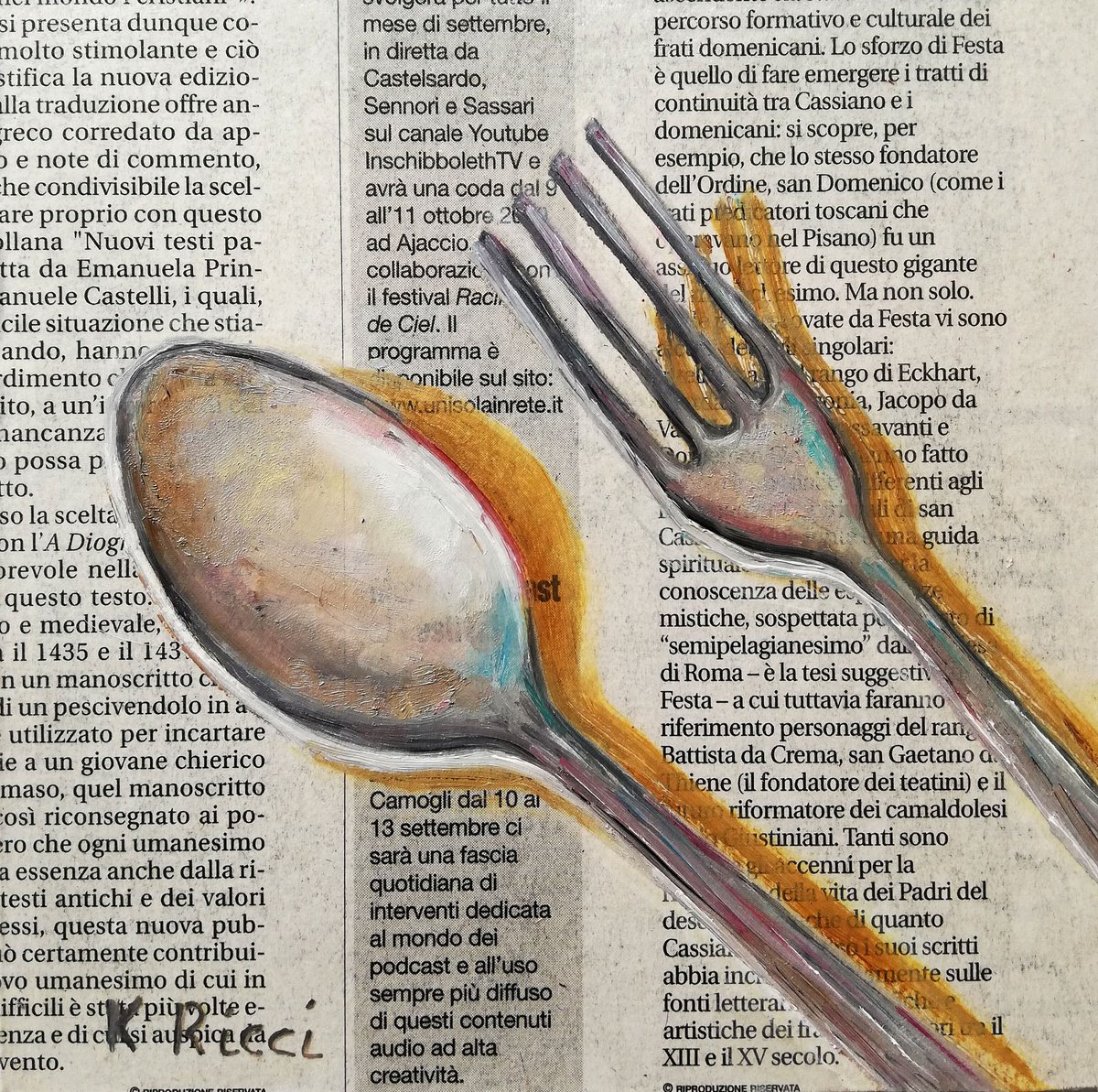 Fork and Spoon on Newspaper Original Oil on Wooden Board Painting 6 by 6(15x15cm) by Katia Ricci