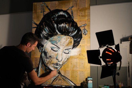 Geisha Blu Court Huge 140cm x 100cm Urban Pop Art Book Club painting Memoires of a Geisha ARRIVES READY TO HANG
