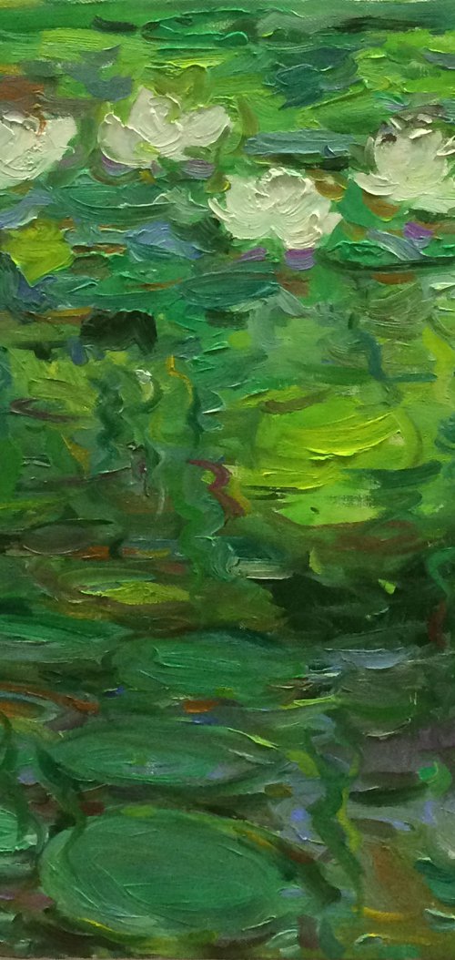 WATERLILY POND. LANDSCAPE - original oil painting, waterscape, plein air, summer, waterlily garden, love 70x60 by Karakhan
