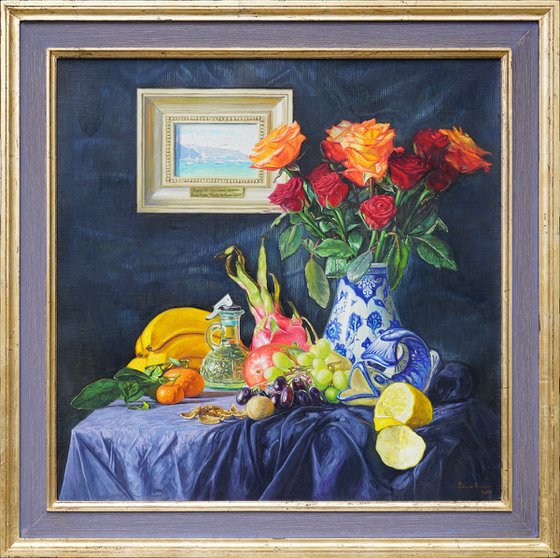 Roses in a ceramic vase and fruits