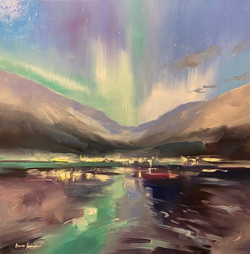 "Northern Lights.Aurora"70x70cm large original painting by Artem Grunyka