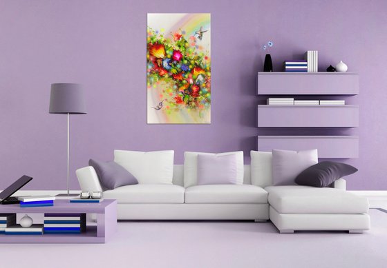 "Hummingbirds and Rainbow" LARGE painting