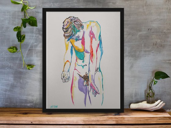 Male Nude Art Original Painting Drawing Charcoal Water Colour Nude