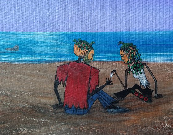 Scarecrows and the shell. Original acrylic painting by Zoe Adams.