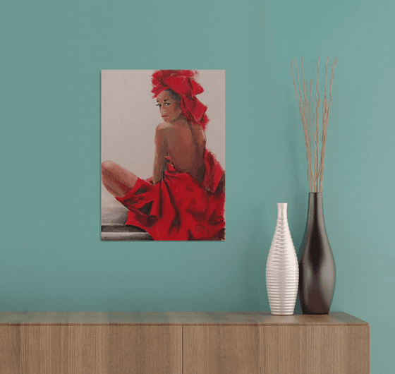 African woman in a red dress