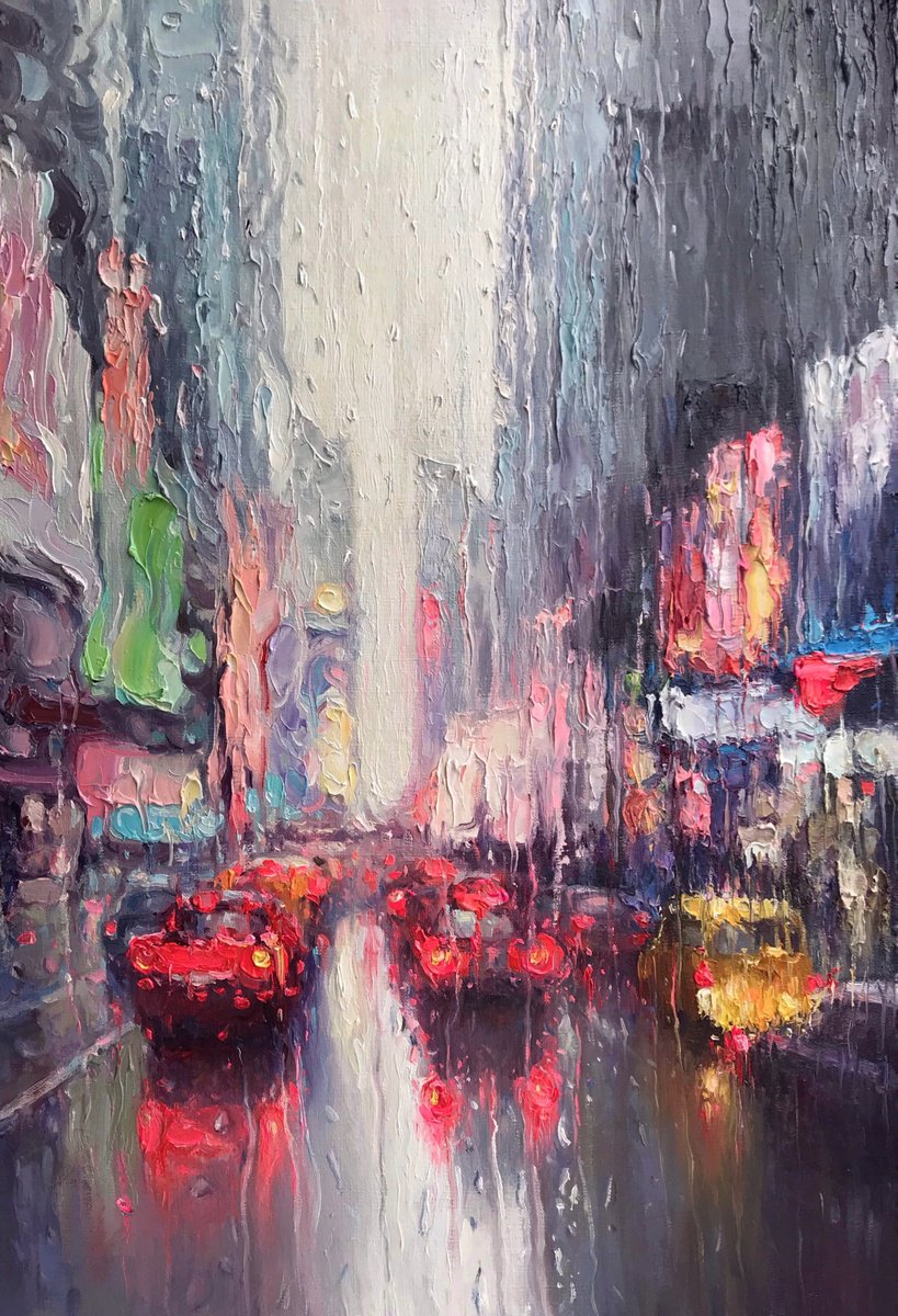 Impressionistic Cityscapes Oil Painting By Artem Grunyka, 20 X 28, City Lights In The Rain, Original Artwork
