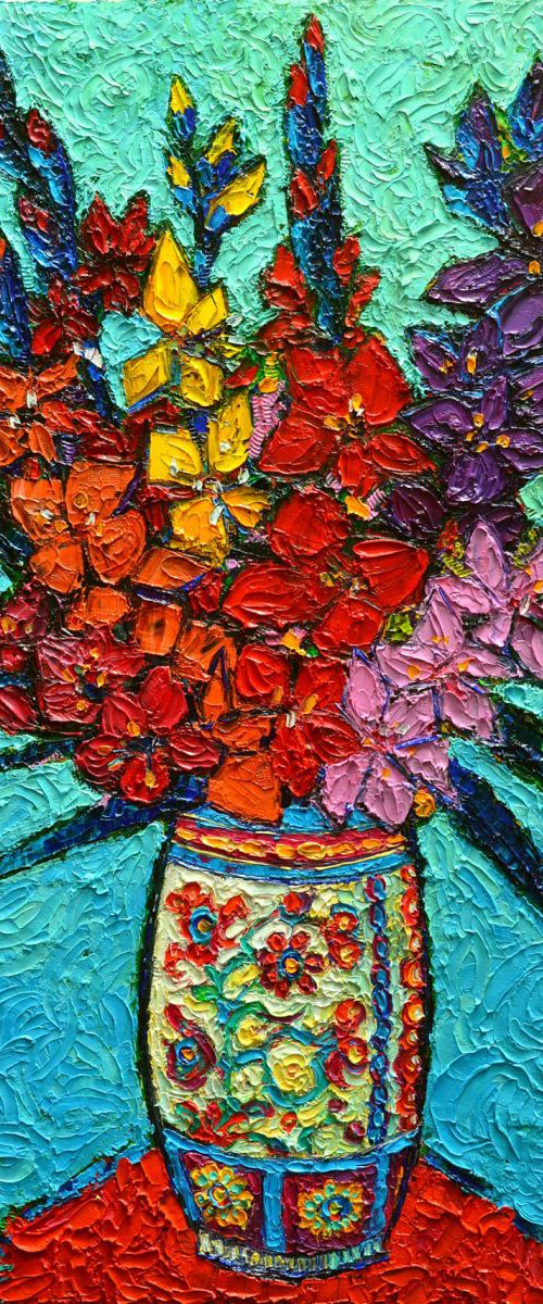 COLOURFUL GLADIOLI FLOWERS - modern impressionist floral art original palette knife oil painting by ANA MARIA EDULESCU