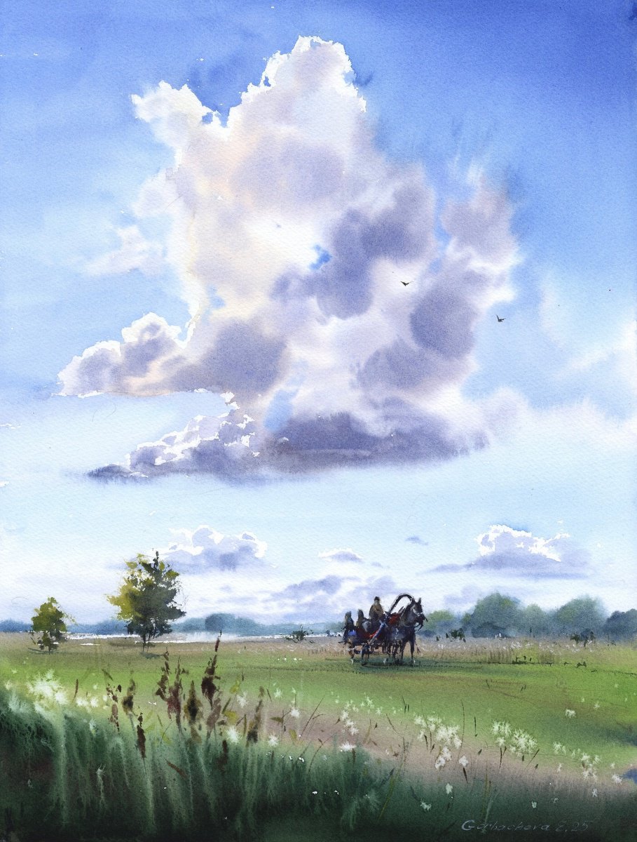 Impressionistic Landscape Watercolour By Eugenia Gorbacheva, 12 X 16, Journey Under Clouds, Original Artwork