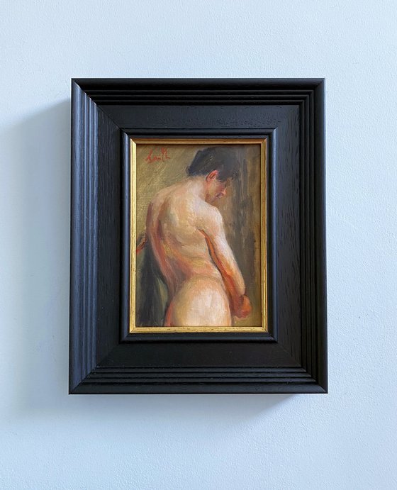Old Master style male nude figure oil painting, with wooden frame.