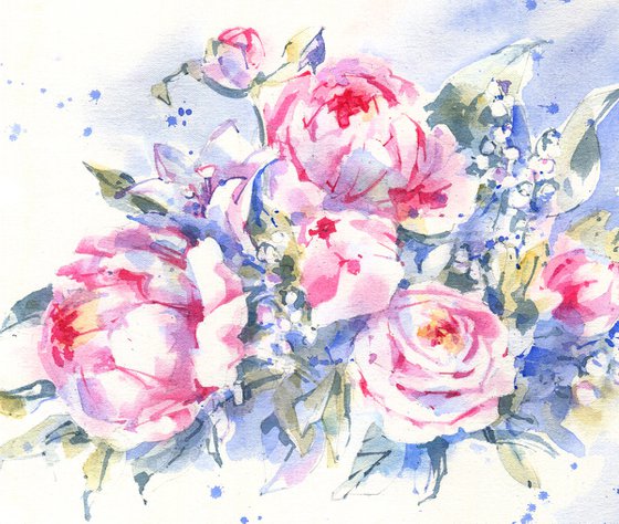 "Peonies" - Horizontal romantic flower composition frieze in pink tones watercolor