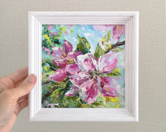 Sakura blossom, pink cherry flowers, small floral painting