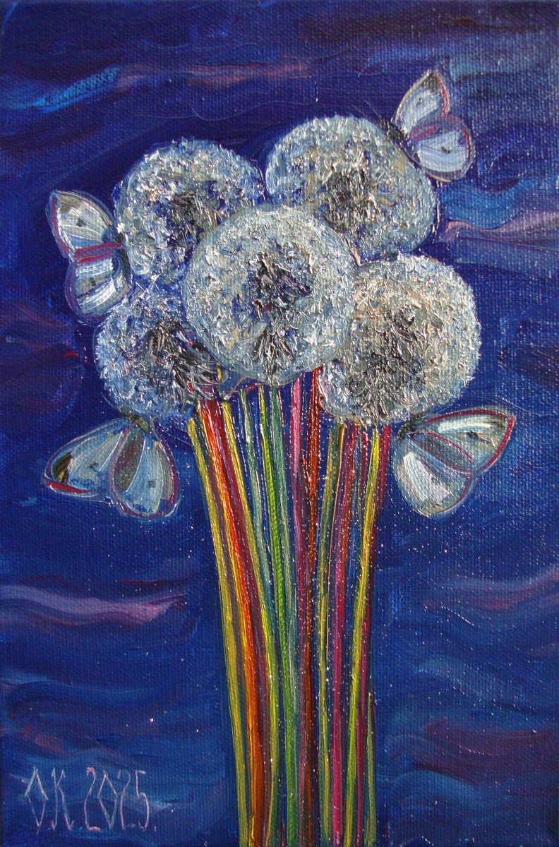Impressionistic Botanical Oil Painting By Olga Knezevic, 8 X 12", Sparkling Dandelions, Original Artwork