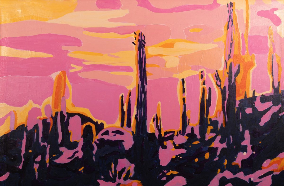 Expressive Landscape Painting By Maria Al Zoubi, 24 X 16", Cactus Park, Original Artwork