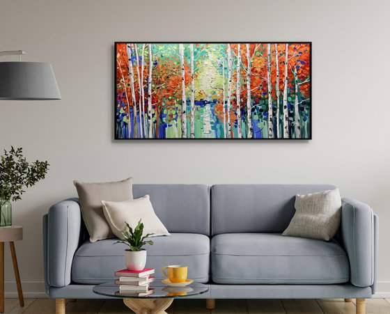 Woodlands Magic - Original Abstract Tree Painting, Colorful Trees Painting, Large Original Nature Landscape Modern Texture Painting Boho Wall Art Living Room Decor - Size: 48 x 24 inches (120 x 60 cm)